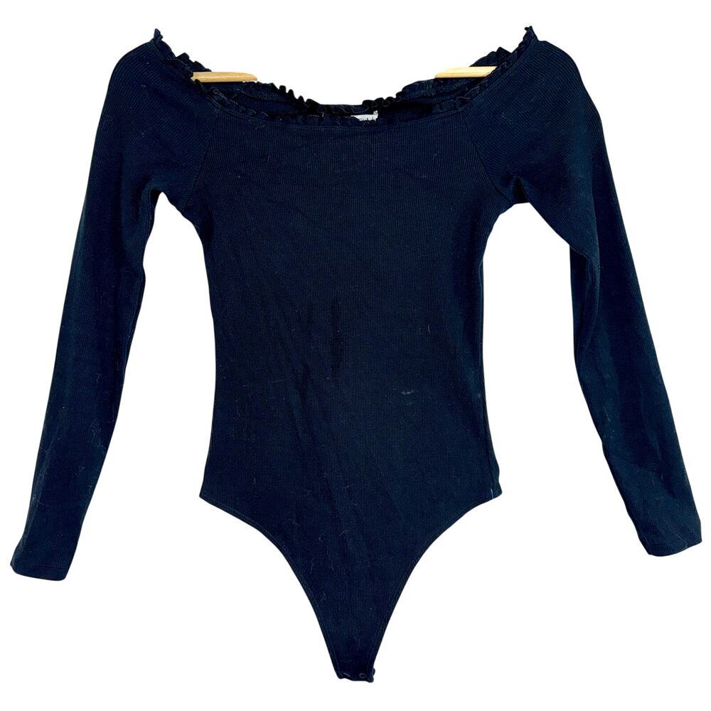 Abercrombie & Fitch Black Ribbed Knit Off Shoulder Long Sleeve Bodysuit Womens S